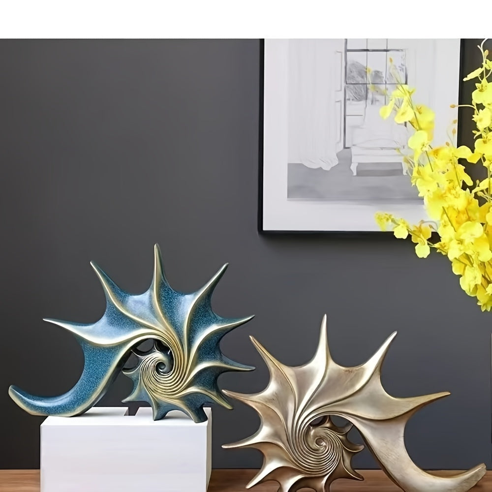 AureliaShell | Luxe Blauw & Goud Hars Schelp Sculptuur - Fantasie Kustdecoratie