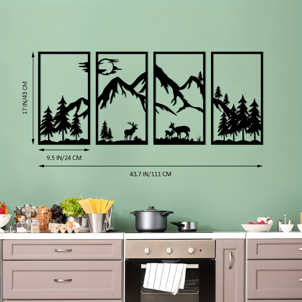 ShadowRidge | 4-delige wanddecoratie – zwart metalen abstract bergontwerp