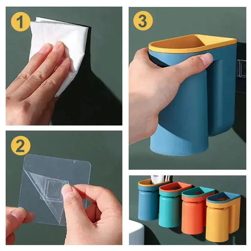 BrushDock | Zelfklevende wandtandenborstelhouder met magnetische beker - badkamer organizer