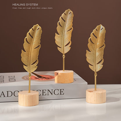 IronBliss | Scandinavisch Metalen Blad Kunstbeeldhouwwerk met Houten Voet - Creatief Huisdecor