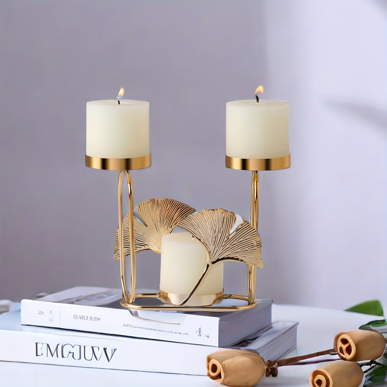 TrinityLeaf | Elegante 3-koppige Ginkgo Blad Kaarshouder - Metalen Tafel Decoratie