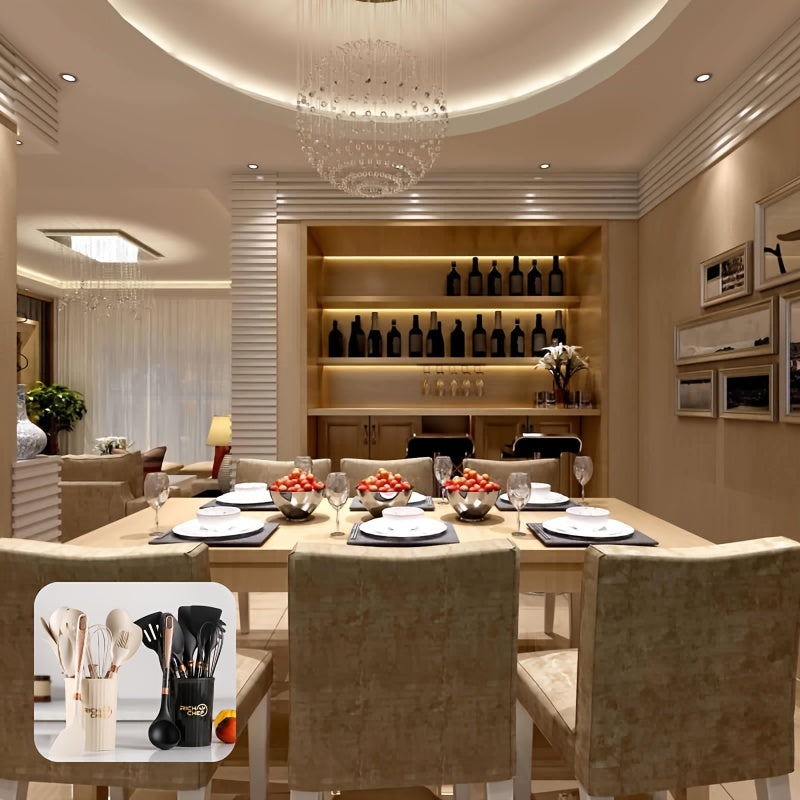 CookStash | Siliconen keukengerei Set - Anti-aanbak Gereedschap - Lichte Houten Handgrepen