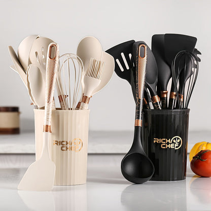 CookStash | Siliconen keukengerei Set - Anti-aanbak Gereedschap - Lichte Houten Handgrepen