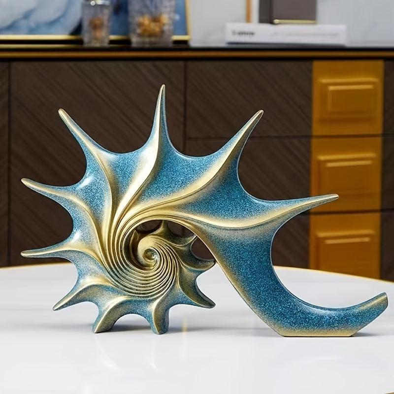 AureliaShell | Luxe Blauw & Goud Hars Schelp Sculptuur - Fantasie Kustdecoratie