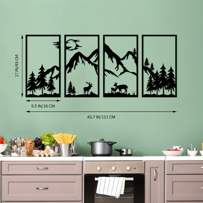 ShadowRidge | 4-delige wanddecoratie – zwart metalen abstract bergontwerp