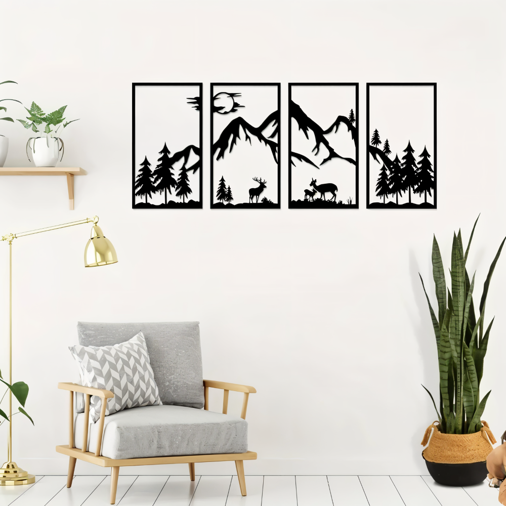 ShadowRidge | 4-delige wanddecoratie – zwart metalen abstract bergontwerp