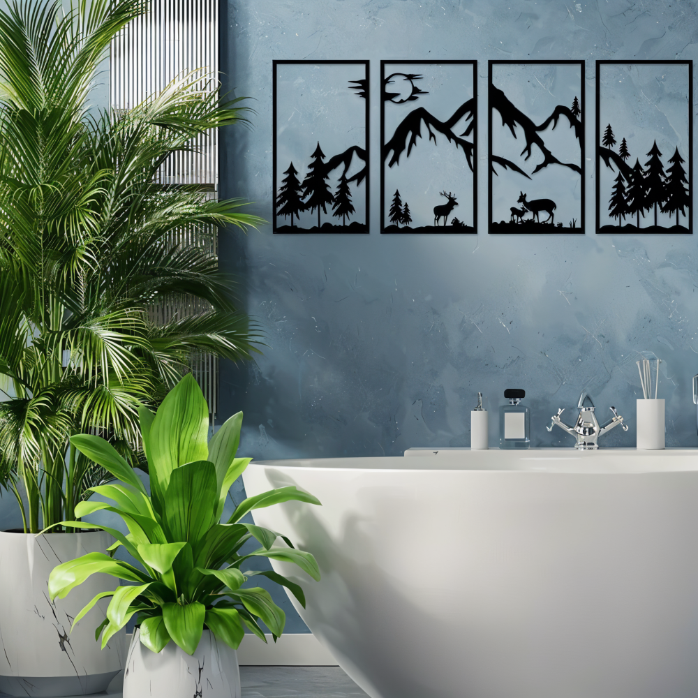 ShadowRidge | 4-delige wanddecoratie – zwart metalen abstract bergontwerp