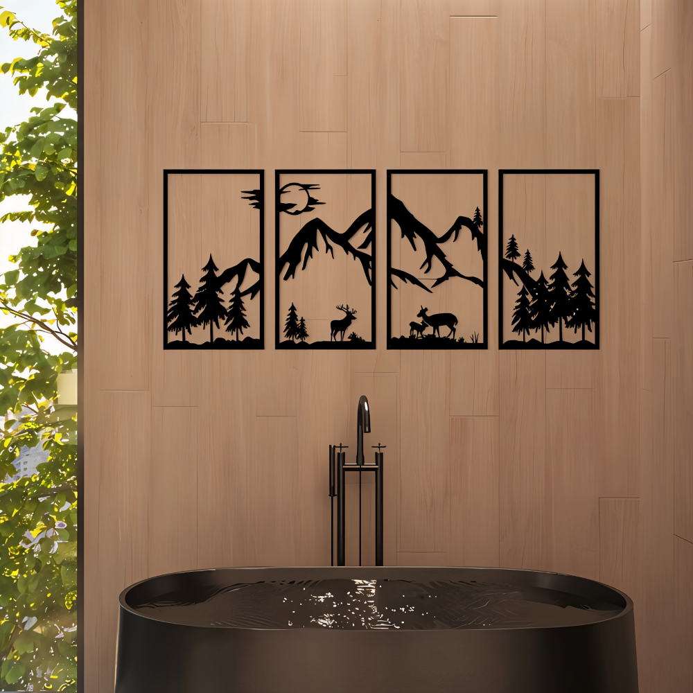 ShadowRidge | 4-delige wanddecoratie – zwart metalen abstract bergontwerp