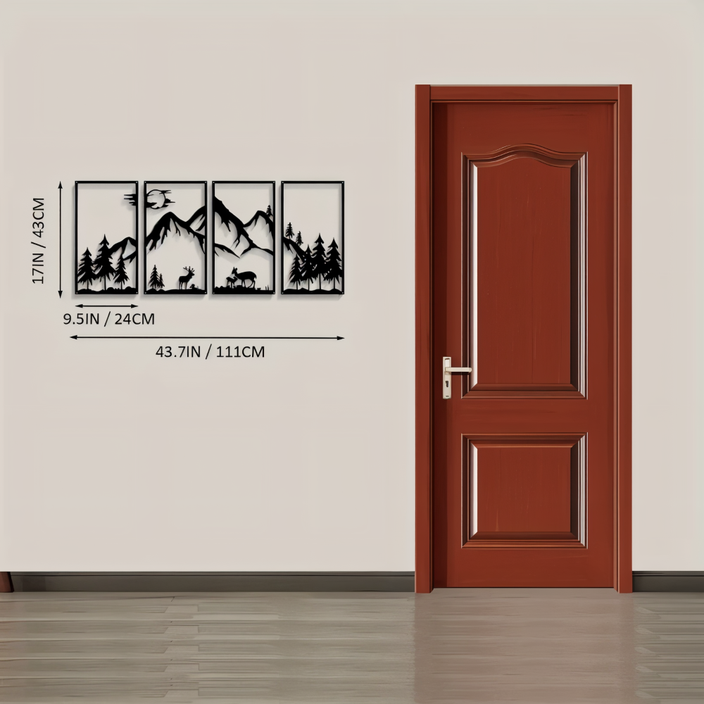 ShadowRidge | 4-delige wanddecoratie – zwart metalen abstract bergontwerp