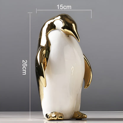 GoldenWaddle | Gouden keramische pinguïn sculptuur – Modern woondecoratiebeeldje, elegant decoratief beeldje