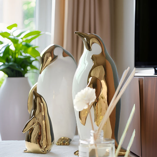 GoldenWaddle | Gouden keramische pinguïn sculptuur – Modern woondecoratiebeeldje, elegant decoratief beeldje