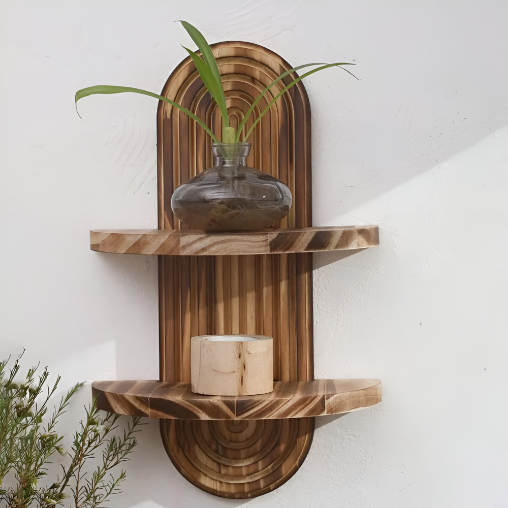 TimberGrid | Geometrische houten wandplankenset – Rustieke wandopberging en decoratieve display