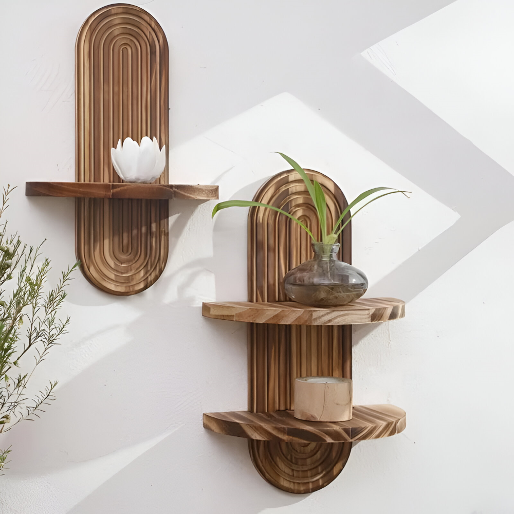 TimberGrid | Geometrische houten wandplankenset – Rustieke wandopberging en decoratieve display