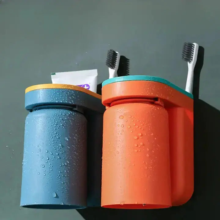 BrushDock | Zelfklevende wandtandenborstelhouder met magnetische beker - badkamer organizer
