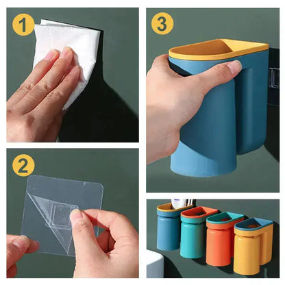 BrushDock | Zelfklevende wandtandenborstelhouder met magnetische beker - badkamer organizer