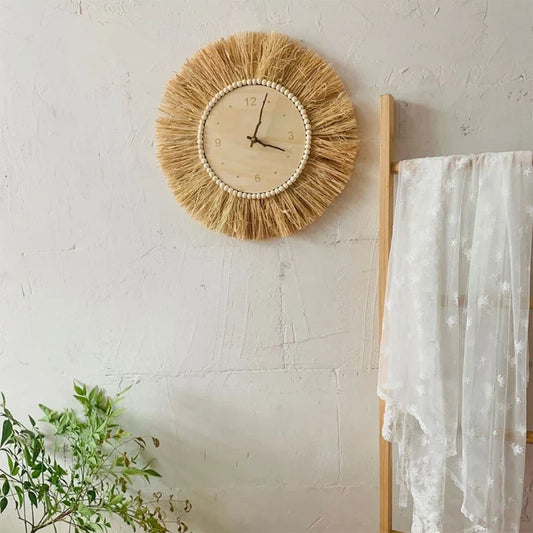 BohoTick | Boho Tarwe Stro Wandklok - Handgemaakte Natuurlijke Vezel, Rustieke Decoratieve Klok