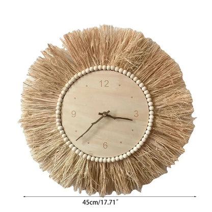 BohoTick | Boho Tarwe Stro Wandklok - Handgemaakte Natuurlijke Vezel, Rustieke Decoratieve Klok